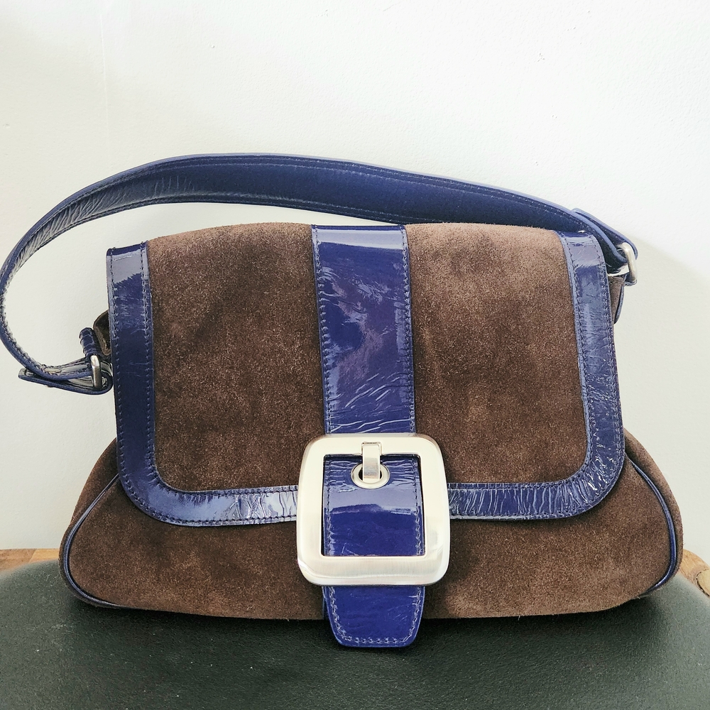 Boden Brown Suede Bag with Blue Accents